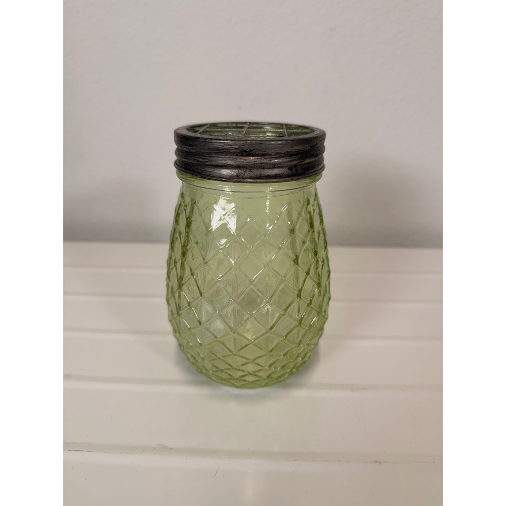Green Pineapple Quilted Glass Vase with Metal Frog Lid UV Glow Glass 5.5 inch